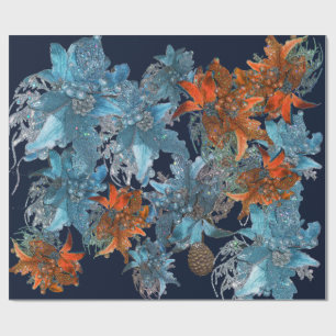 RED BLUE POINSETTIAS,CHRISTMAS STARS IN SPARKLES WRAPPING PAPER