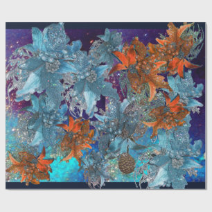 RED BLUE POINSETTIAS,CHRISTMAS STARS IN SPARKLES WRAPPING PAPER