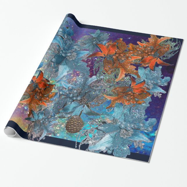RED BLUE POINSETTIAS,CHRISTMAS STARS IN SPARKLES WRAPPING PAPER (Unrolled)