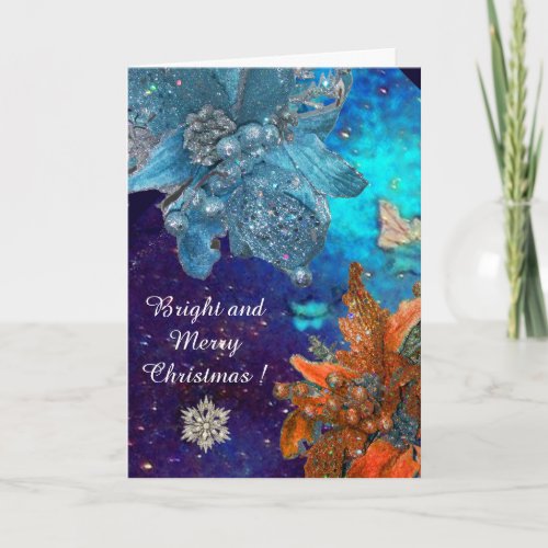 RED BLUE POINSETTIASDIAMOND STARSSILVER SPARKLES HOLIDAY CARD