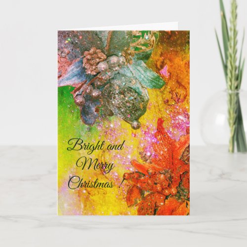 RED BLUE POINSETTIASXMAS STARS IN GOLD SPARKLES HOLIDAY CARD