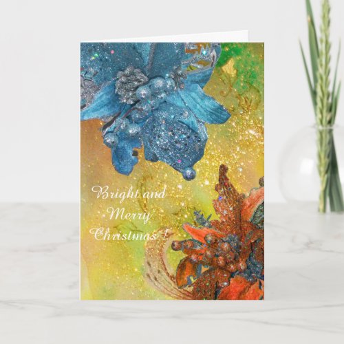 RED BLUE POINSETTIASXMAS STARS IN GOLD SPARKLES HOLIDAY CARD