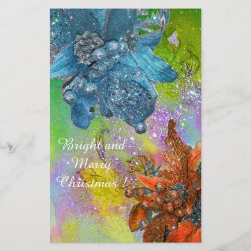 RED BLUE POINSETTIASXMAS STARS IN GREEN SPARKLES STATIONERY