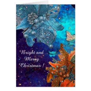 RED BLUE POINSETTIAS,XMAS STARS IN SILVER SPARKLES CARDS