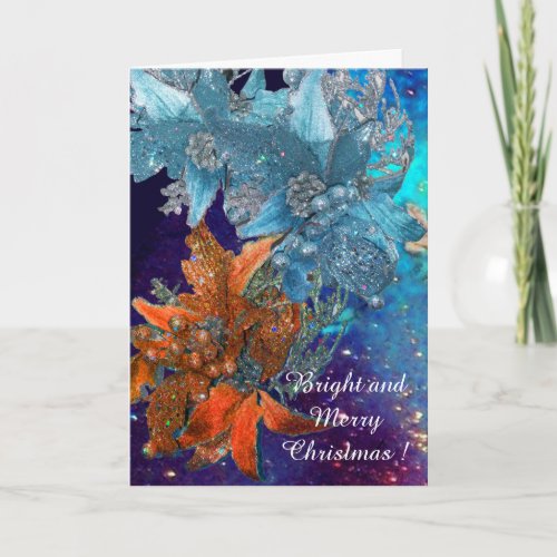 RED BLUE POINSETTIASXMAS STARS IN SILVER SPARKLES HOLIDAY CARD