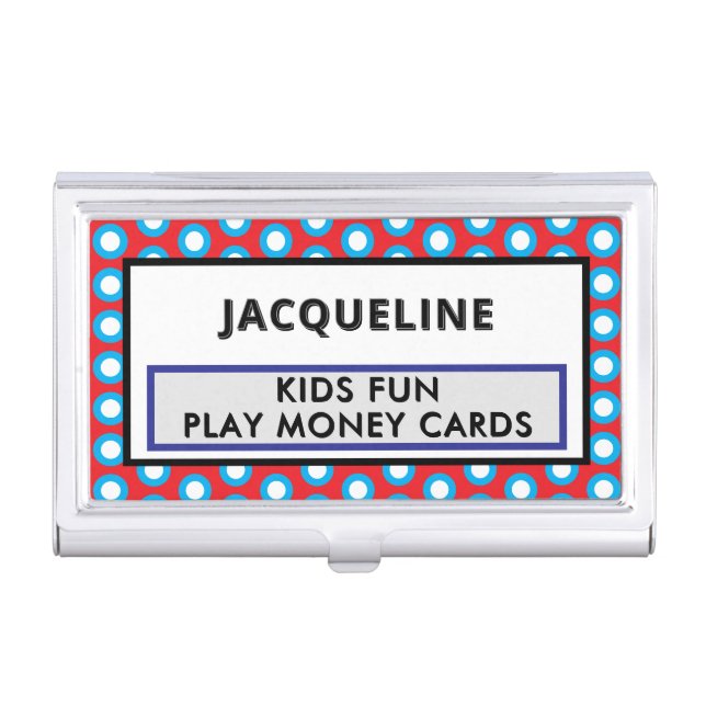 Red Blue Polka Dots Kids Play Money Cards NAME Business Card Case (Front)