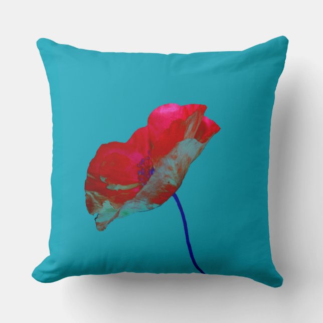 Red blue poppy on bright blue throw pillow (Front)