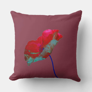 Red blue poppy on burgundy red throw pillow