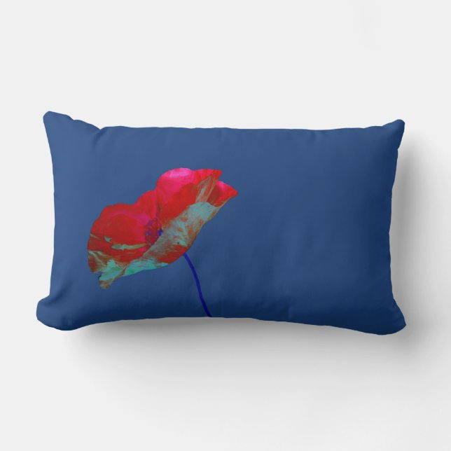 Red blue poppy on dark blue lumbar pillow (Front)