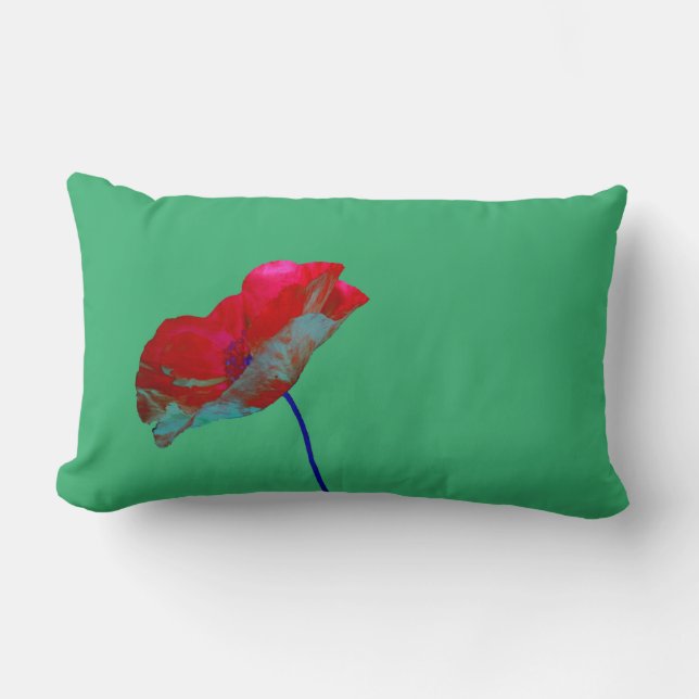 Red blue poppy on emerald green lumbar pillow (Front)