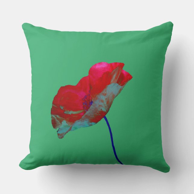 Red blue poppy on emerald green throw pillow (Front)