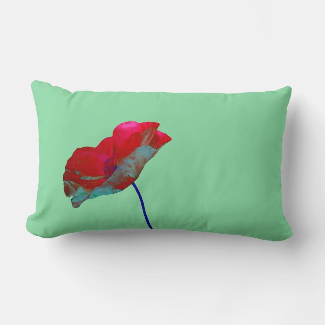 Red blue poppy on mint green lumbar pillow (Front)