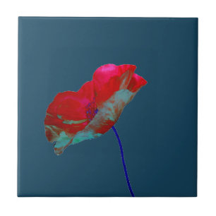Red blue poppy on night blue ceramic tile