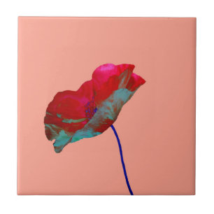 Red blue poppy on pink ceramic tile