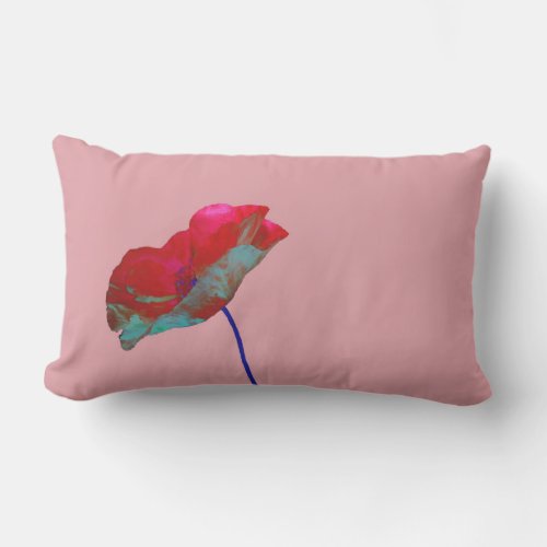 Red blue poppy on pink lumbar pillow