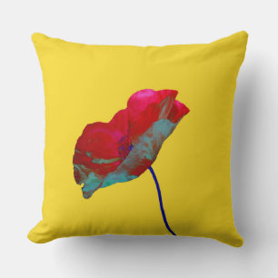 Red blue poppy on sunny yellow throw pillow