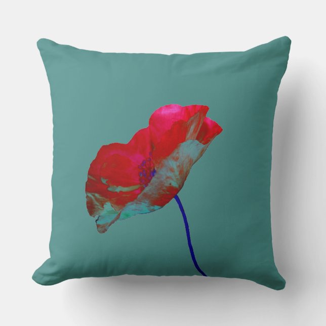 Red blue poppy on teal throw pillow (Front)