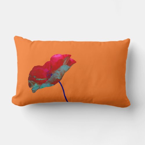 Red blue poppy on warm orange lumbar pillow