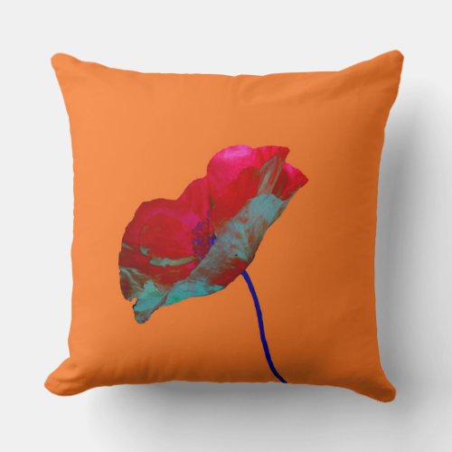 Red blue poppy on warm orange throw pillow