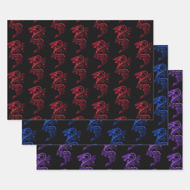 Red Blue & Purple Asian Dragons Collection Wrapping Paper Sheets (Set)