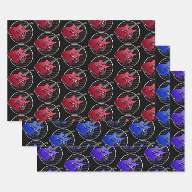 Red Blue & Purple Electric Guitars Wrapping Paper Sheets (Set)