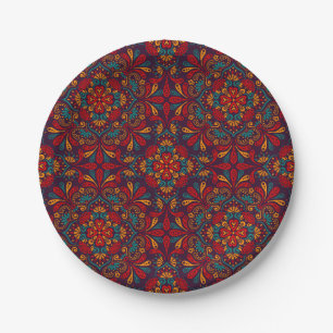 Red blue purple kaleidoscope pattern paper plates