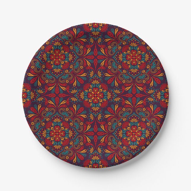 Red blue purple kaleidoscope pattern paper plates (Front)