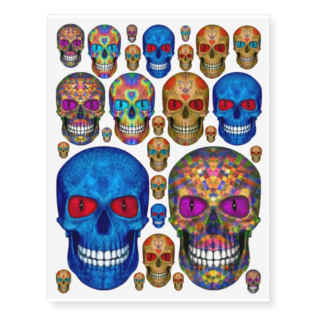 Red Blue Purple Sugar Skull Temporary Tattoo (Front)