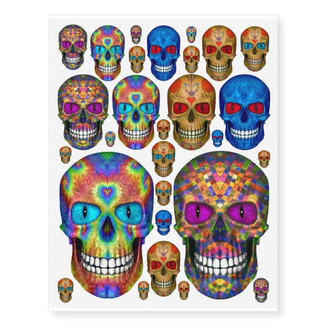 Red Blue Purple Sugar Skull Temporary Tattoo (Front)