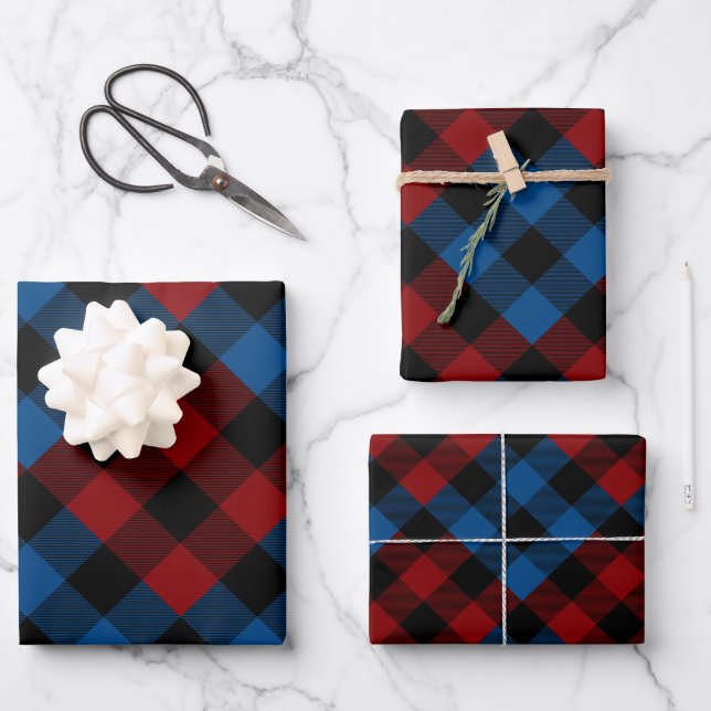 Red & Blue Quilt Buffalo Plaid Holiday Wrapping Paper Sheets (Front)