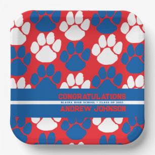 Red & Blue Repeating Pawprint Personalized Paper Plates
