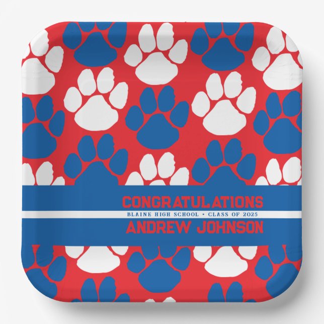 Red & Blue Repeating Pawprint Personalized Paper Plates (Front)