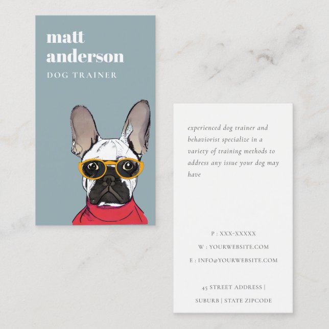 Red Blue Retro Blue French Bulldog Dog Trainer Business Card (Front/Back)