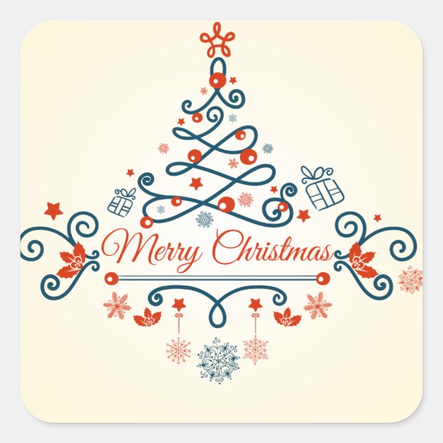 Red blue retro style Christmas tree design Square Sticker (Front)