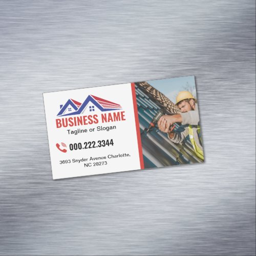 Red Blue Roofing House Building Photo  Business Card Magnet
