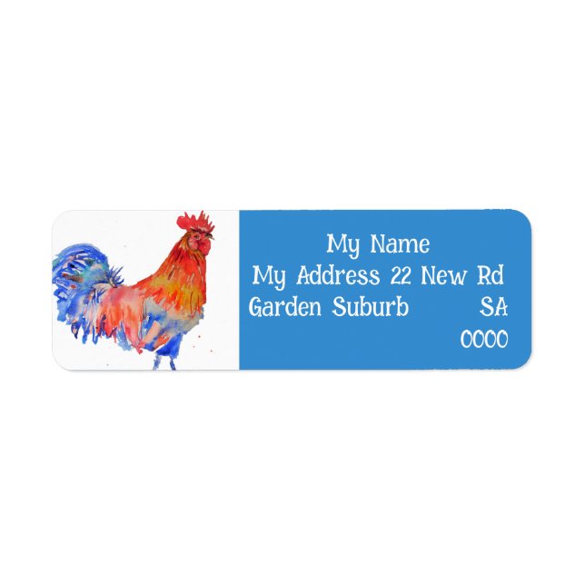 Red Blue Rooster Art Bird Return Address Labels (Front)