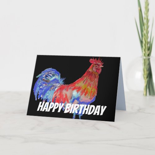 Red Blue Rooster Chicken Bird Watercolor Birthday Card