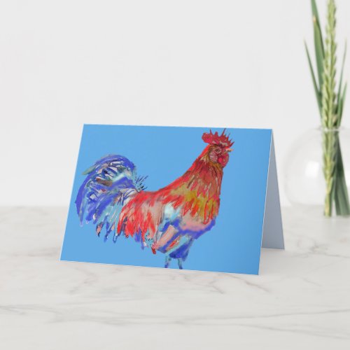 Red Blue Rooster Chicken Bird Watercolor Card