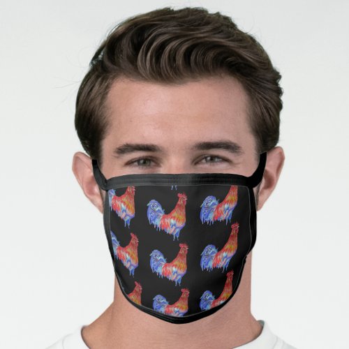 Red Blue Rooster Chicken Black Pattern Face Mask