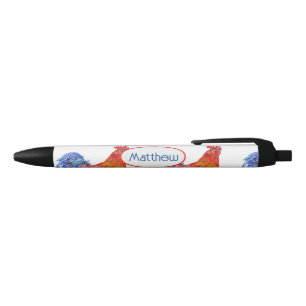Red Blue Rooster Chicken Watercolor Boys Name Pen