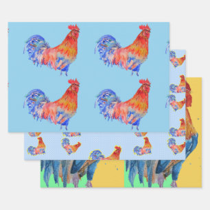 Red Blue Rooster Chicken Watercolor Painting Wrapping Paper Sheets