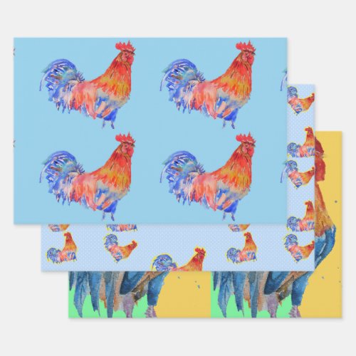Red Blue Rooster Chicken Watercolor Painting Wrapping Paper Sheets