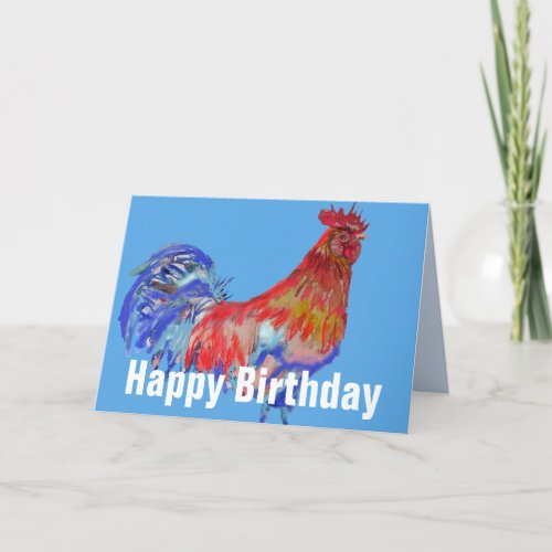 Red Blue Rooster Watercolor Chicken Roosters birds Card