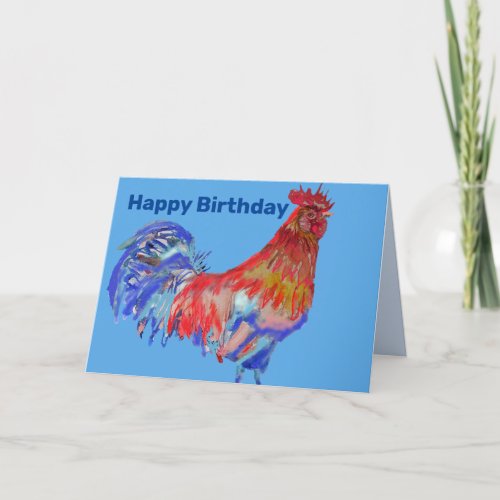 Red Blue Rooster Watercolor Mans Birthday Card