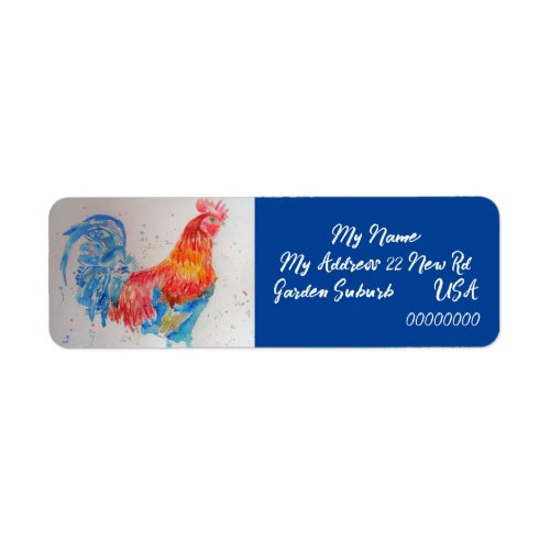 Red Blue Rooster Watercolour Return Address Labels