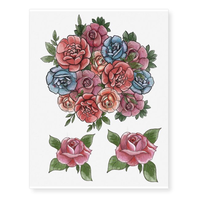 Red blue roses body art temporary tattoos (Front)