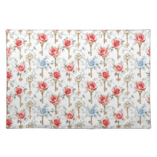 Red Blue Roses Gold Keys Cloth Placemat