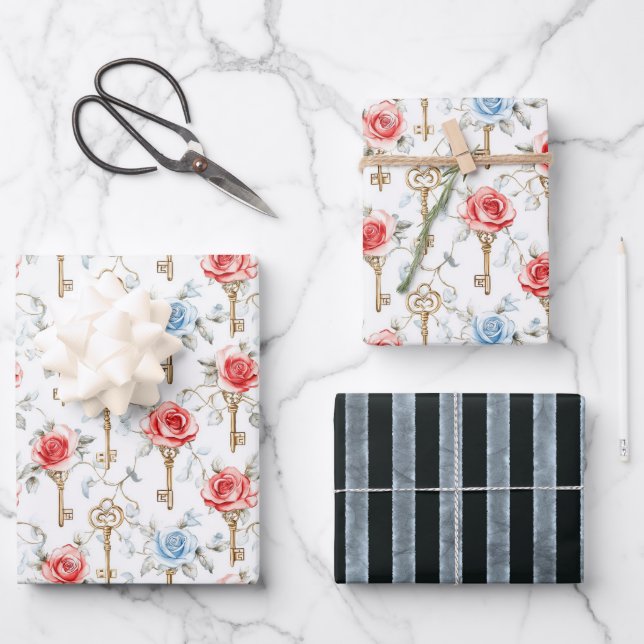Red Blue Roses Keys Bridal Shower Wrapping Paper Sheets (Front)