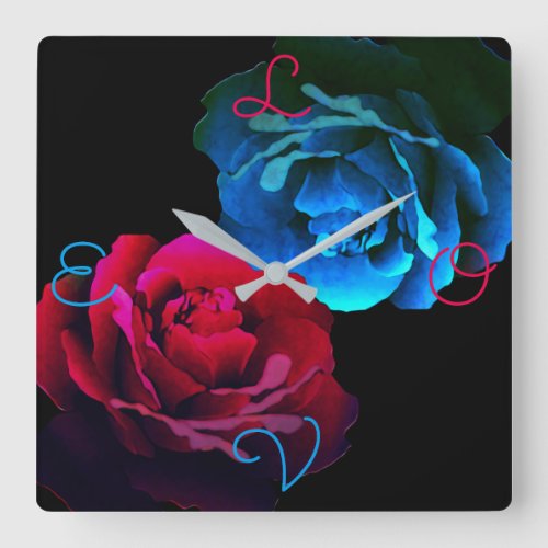Red  Blue Roses Square Wall Clock