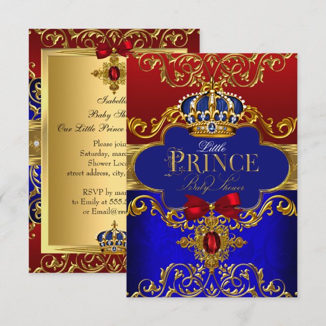 Red Blue Royal Crown Little Prince Baby Shower Invitation (Front/Back)
